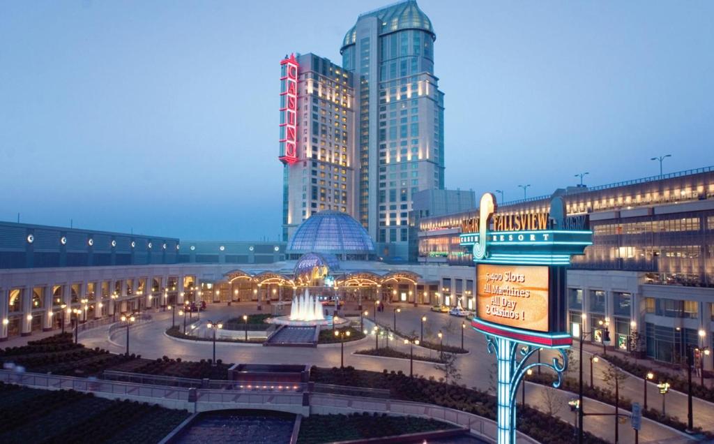 Hilton Niagara Falls hotel placeholder overlooking a dramatic fallsview skyline